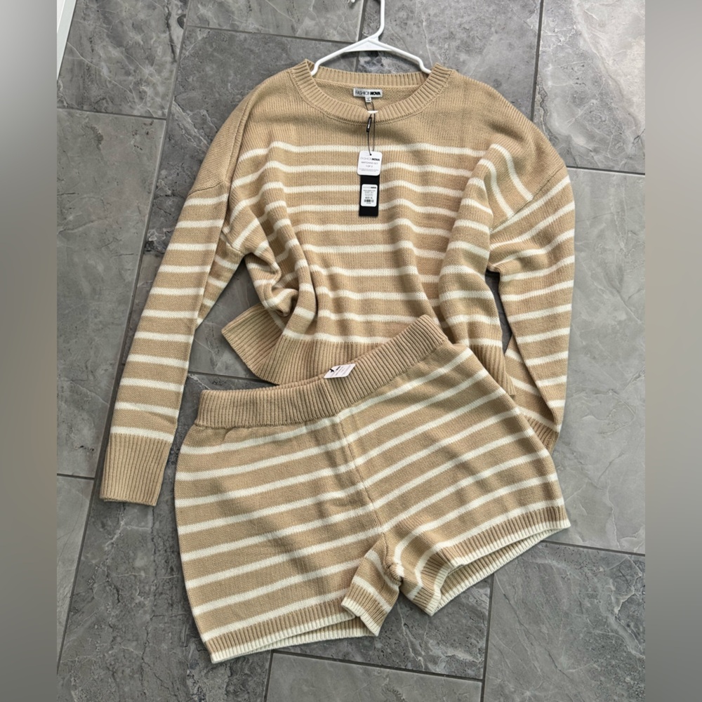 Fashion Nova Tan and Cream Striped Knit Set